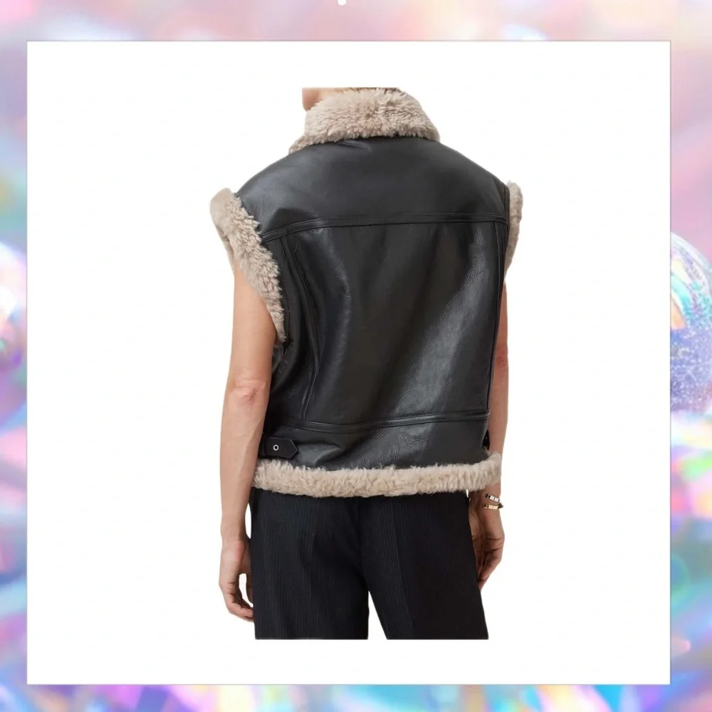 AllSaints Zep Genuine Shearling Black Leather Moto Vest Size S NWT